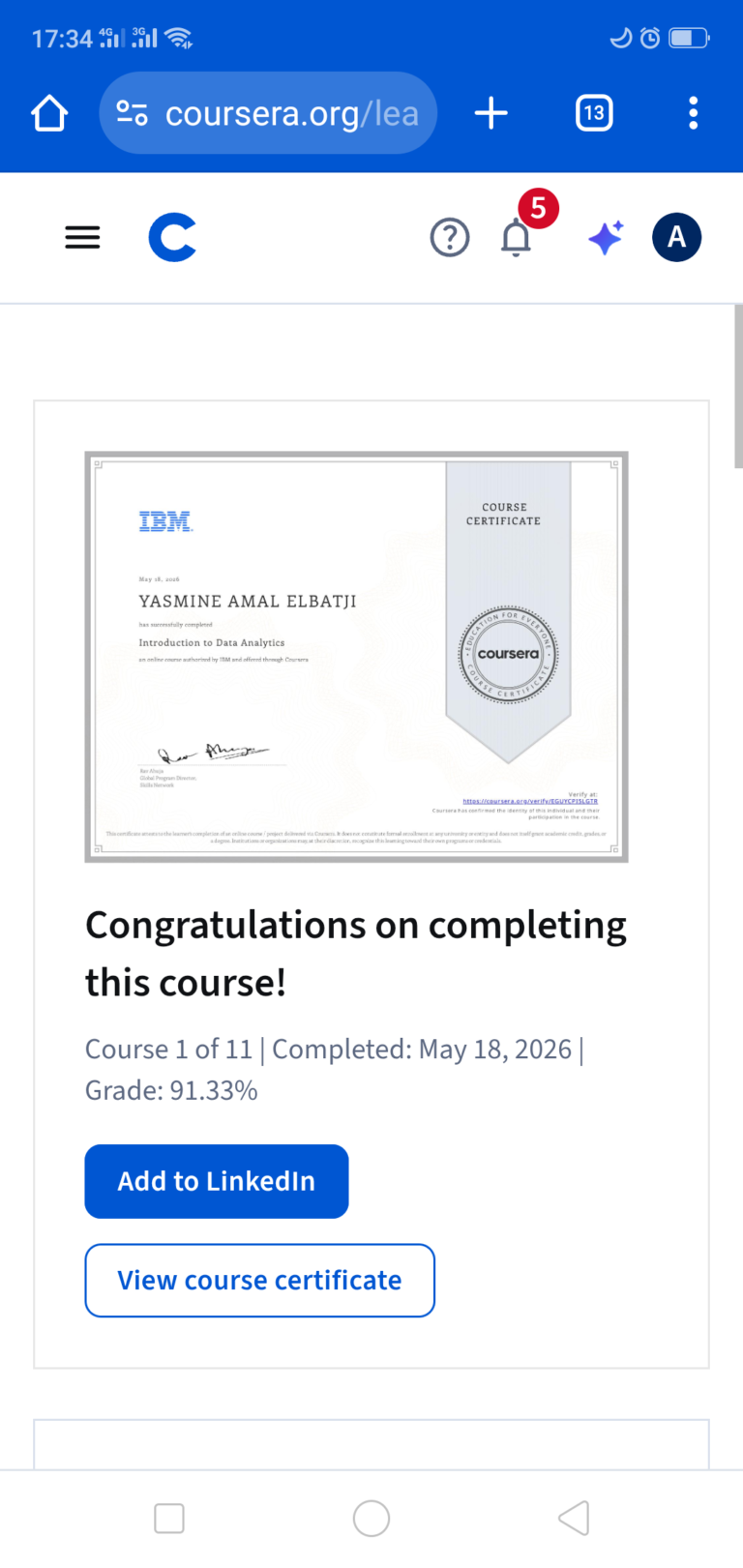 The first IBM certificate in Data Analysis😀